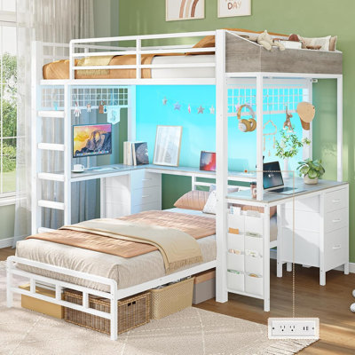 Bunk Bed with 2 Desk and 6 Storage Drawers & 2 Toy storage boxes, LED Metal Twin Captain Bed Small Bedroom Maximize space utilization for 2 Kids