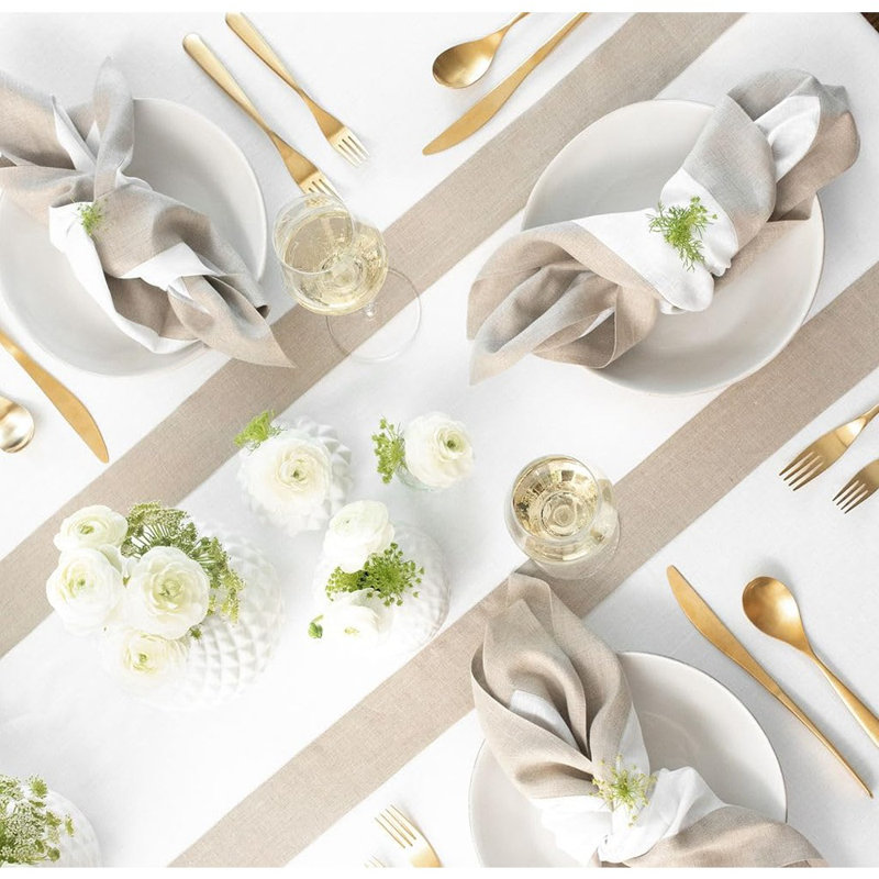 Chemin de table - naturel / blanc - 100% lin, contemporain, commode / table basse, hiver / printemps / Pâques