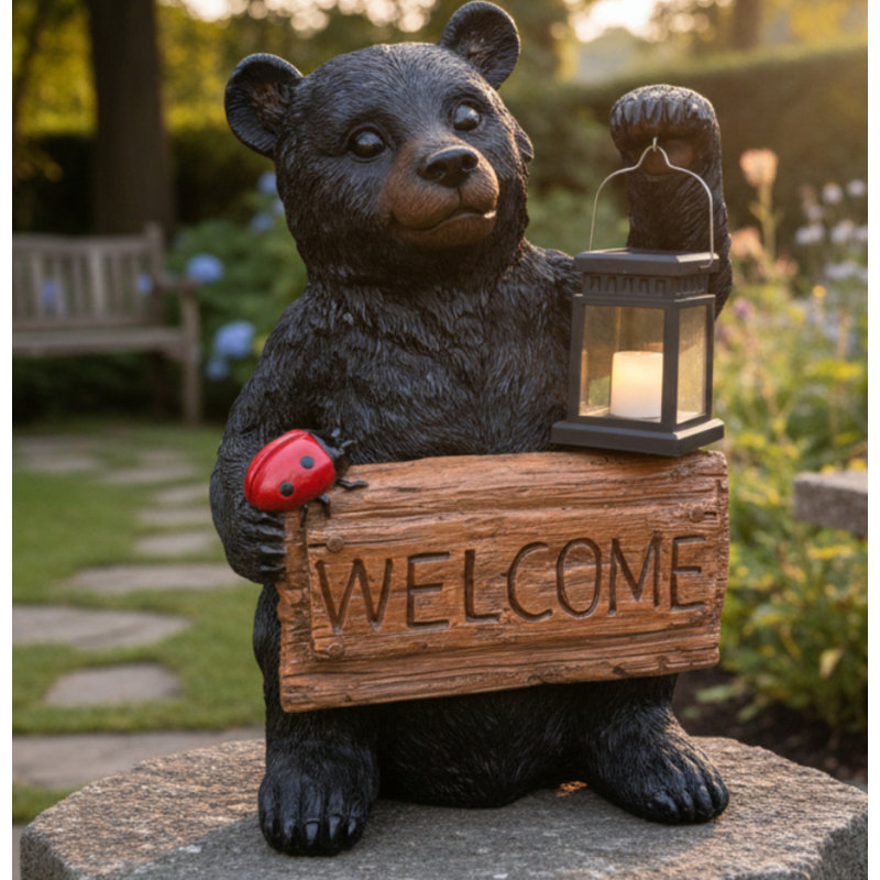 Statue de jardin ours en forme de lanterne solaire Welcome Woodland