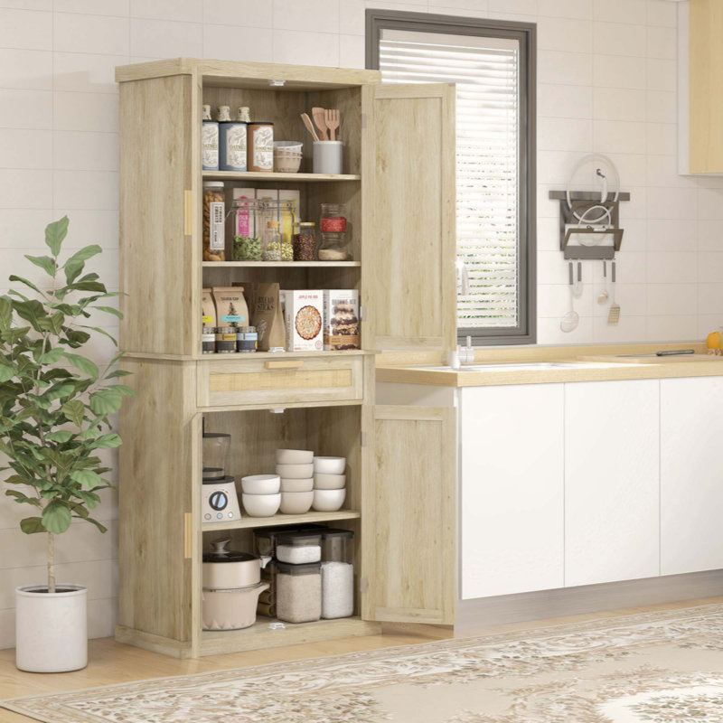 Oak and Rattan 72" Tall Kitchen Pantry Storage Cabinet