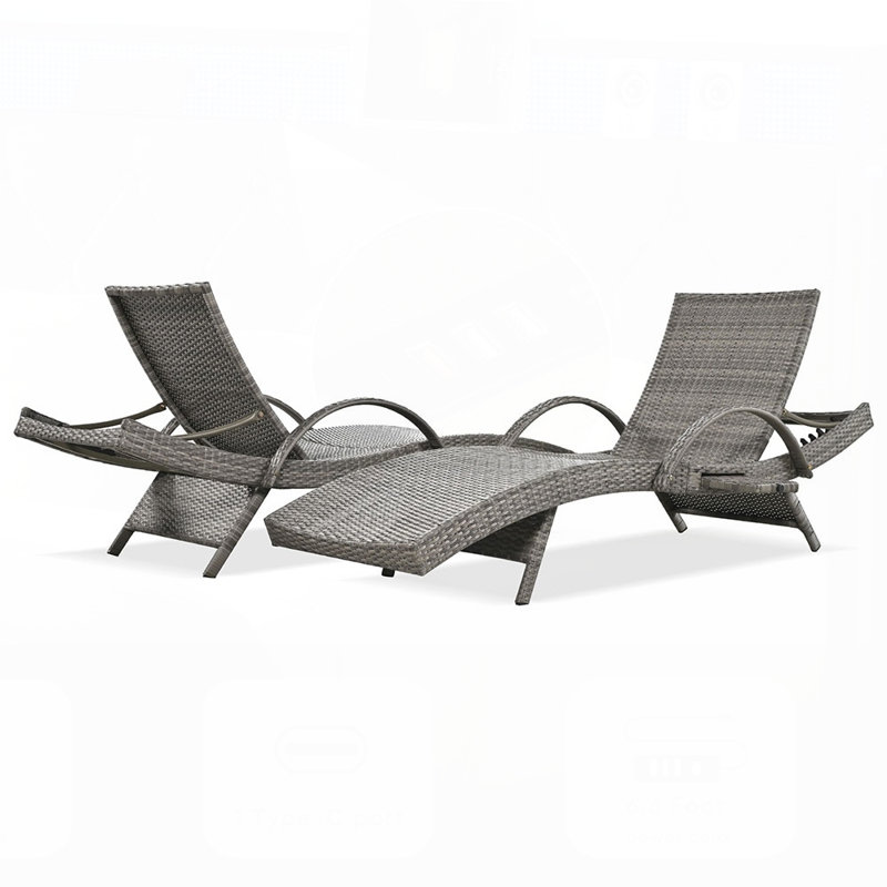 Ensemble de chaises longues en osier de 80 po pour l'extérieur, ensemble de 2 chaises inclinables en rotin de patio avec table d'appoint coulissante et dossier réglable à 5 niveaux pour bronzer au bord de la piscine