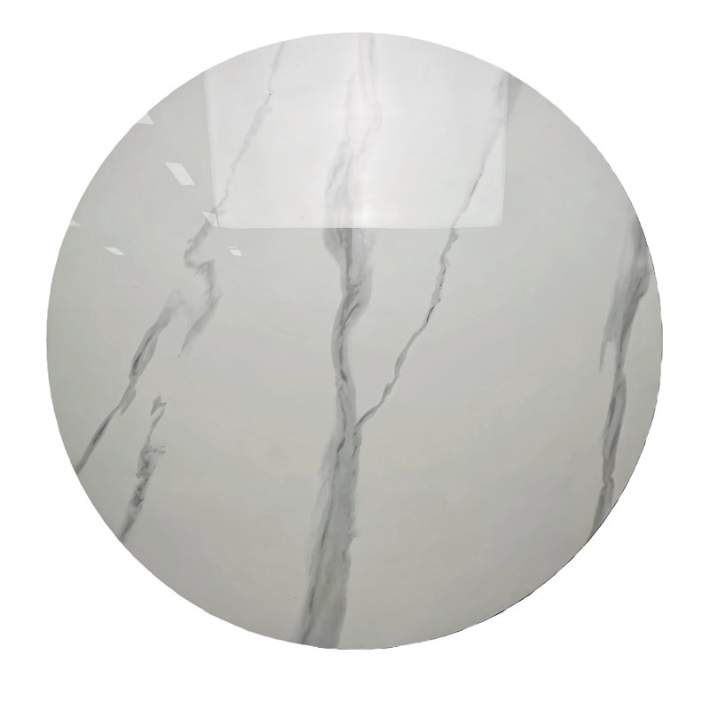 Table de salle à manger ronde 33 po de luxe avec piédestal multicouche en noyer et base en or brossé - disponible en verre, marbre blanc, plateau en marbre chaud