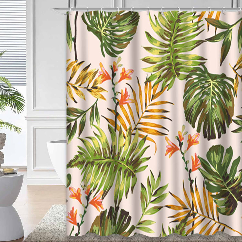 Rideau de douche à motif de feuilles tropicales rétro avec 12 crochets, L 72 po x l 84 po