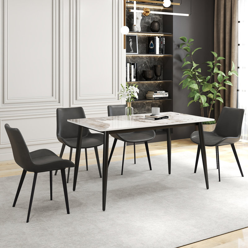 Ensemble de table de salle à manger moderne en pierre frittée 5 pièces avec 4 chaises en similicuir Juvan, Pandora