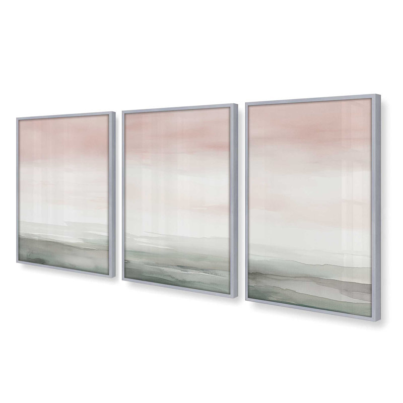 Ensemble de 3 impressions Peach Tranquility dans un cadre doré poli, 24 po x 18 po, Chrome poli, H 37,25 po x l 75,75 po