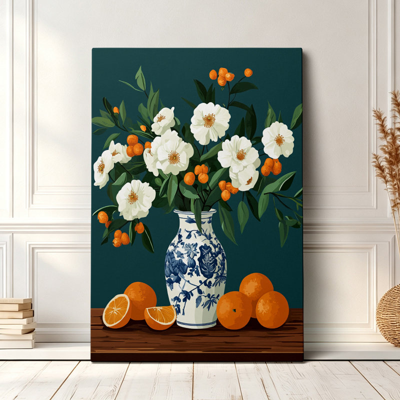 Nature morte moderne vintage, fleurs blanches et agrumes orange dans un vase en porcelaine bleue, illustration graphique 45 x 30 cm - Décoration de salon