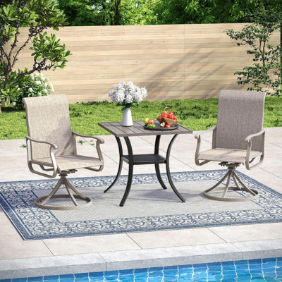 Ensemble de salle à manger de patio 3 pièces avec table carrée et 2 chaises pivotantes PVC-coated polyester