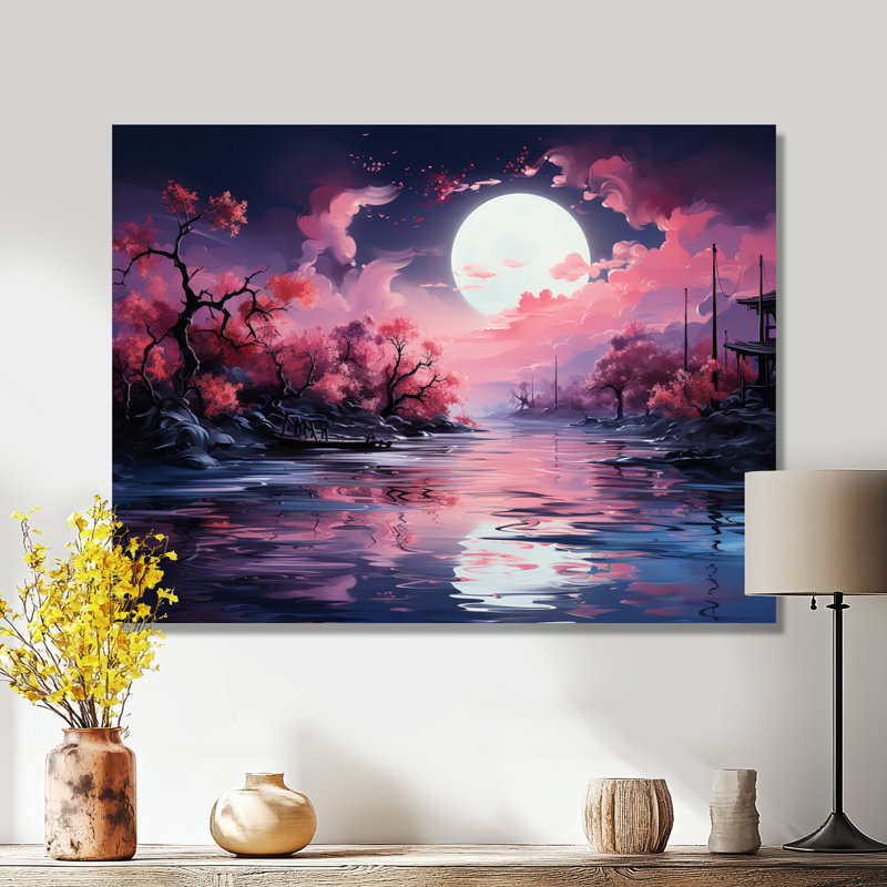 Pleine lune, ciel rose, fleur de cerisier, art mural, Toile tendue, H 24 po x l 32 po