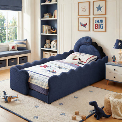 Twin Size Upholstered Dinosaur Kids Bed With Safety Guardrails, Boucle Toddler Bed Frame
