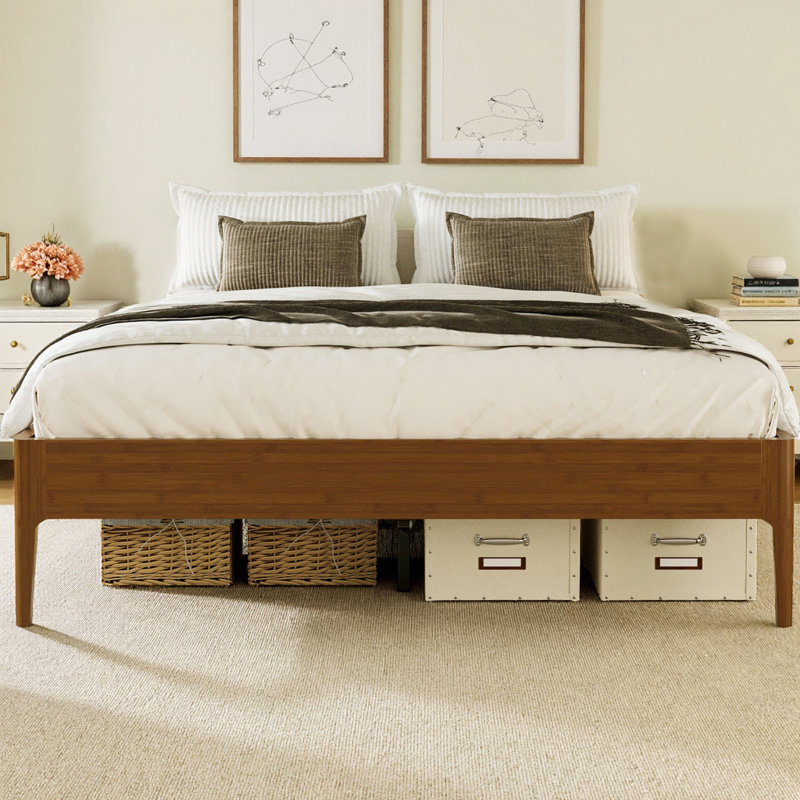 Base de lit plateforme en bambou massif de 15 pouces de hauteur avec support en métal, base en lattes de bois minimaliste moderne, aucun sommier tapissier requis, sans bruit, assemblage facile