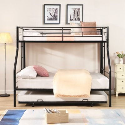Lit simple superposé au dessus d'un lit double avec lit gigogne en métal, aucun sommier requis, assemblage facile