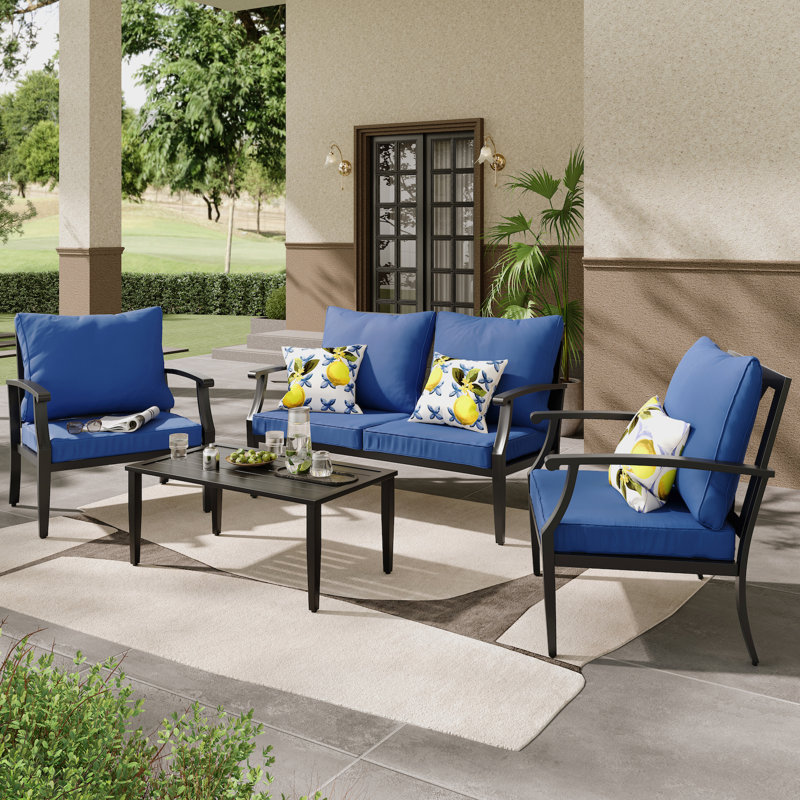 4 Pieces Patio Furniture Set w/loveseat,Coffe Table,Outdoor Conversation Metal Sofa with High Back and Thick Cushion,for Backyard,Garden