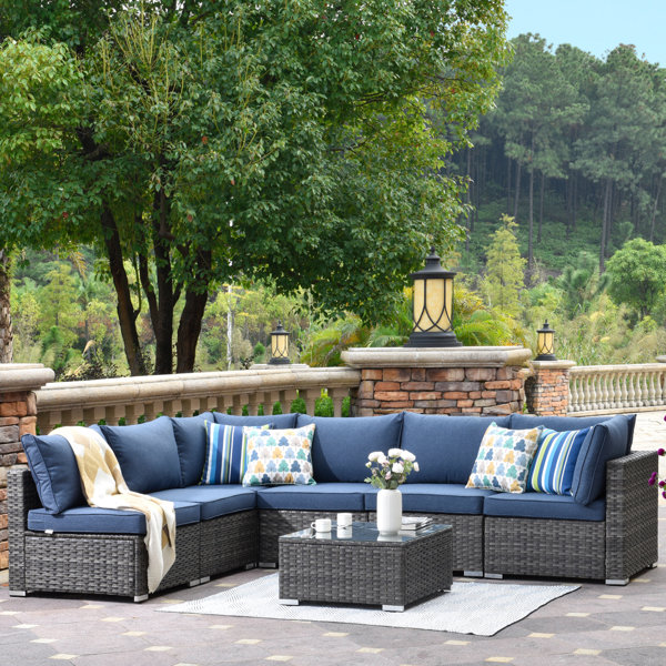 Leisure 7 Piece Rattan Sectional Seating Group with Cushions Latitude Run Cushion Color: Light Blue