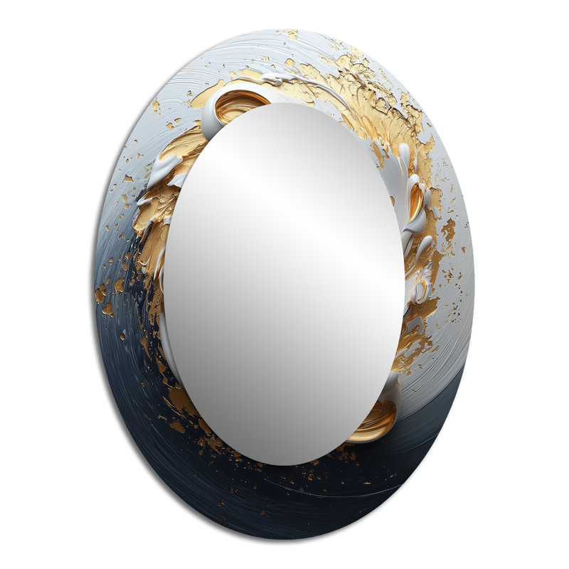 White Black Gold Cosmic Whirlpool IV - Gold Oval Wall Mirror Decor, 40" x 30"