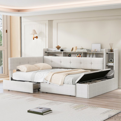Lit de jour rembourré avec repose-pieds et tablettes avec rangement, deux tiroirs, charge USB et lumière DEL