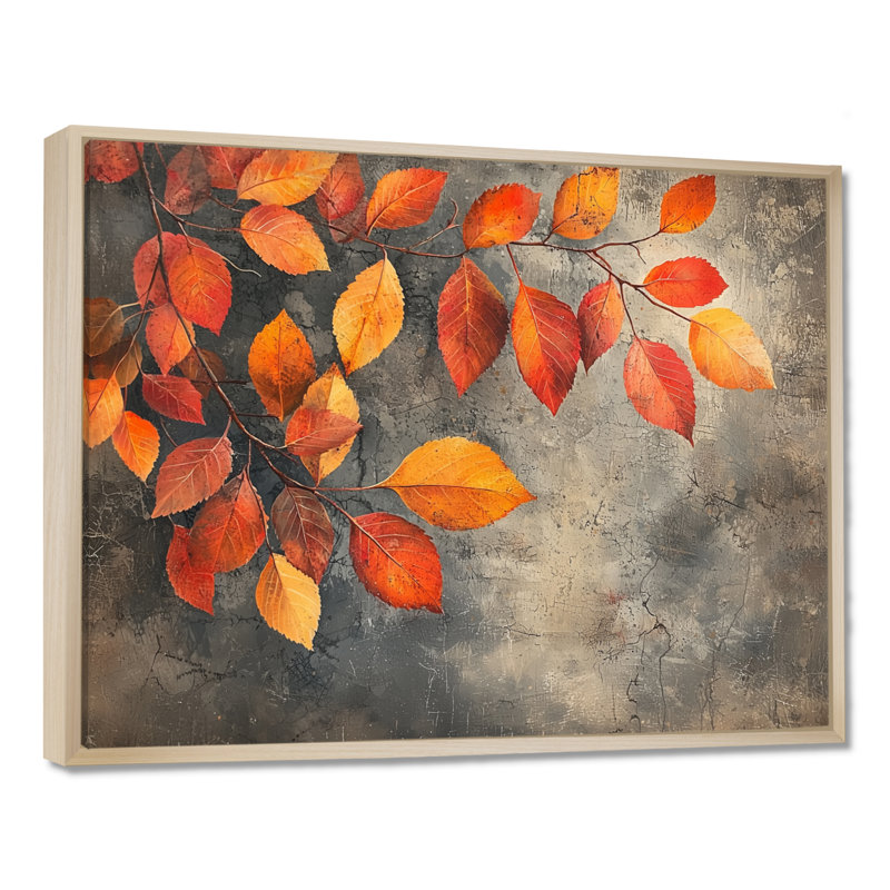 Ikem Orange Autumn Leaves IV - feuilles, art mural, H 12 po x l 20 po, Impression encadrée flottante, Crème, crème