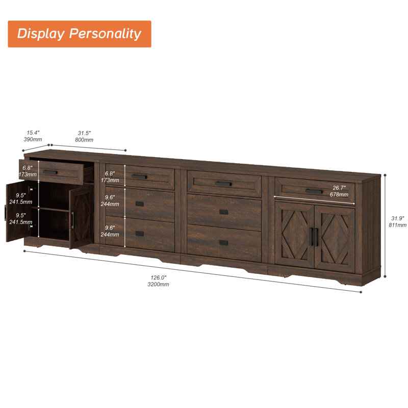 126"W Extra-Large File Cabinet, 4-In-1 Farmhouse  Office Storage Console With 6 Drawers And Storage Barn Door Sections, Spacious File Cabinet With Adjustable Shelves For Office, Bedroom,Dark Brown