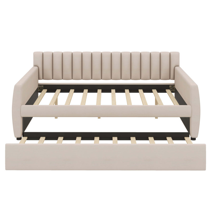 Lit de jour rembourré avec lit gigogne sous le lit, Lit double, Beige
