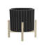 Ceramic Planter with Stand - Fluted Stoneware Pot and Pine Wood Base, Modern Decorative Plant Holder.-1454785792