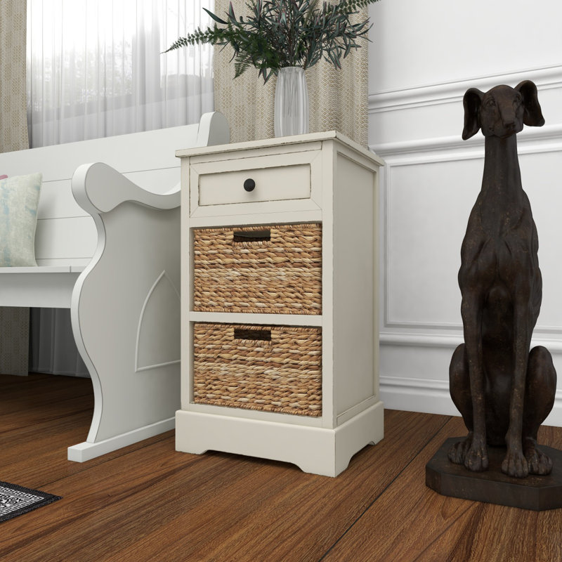 Abdelrauof Wood 2 Seagrass Basket and 1 Drawer Storage Unit, White
