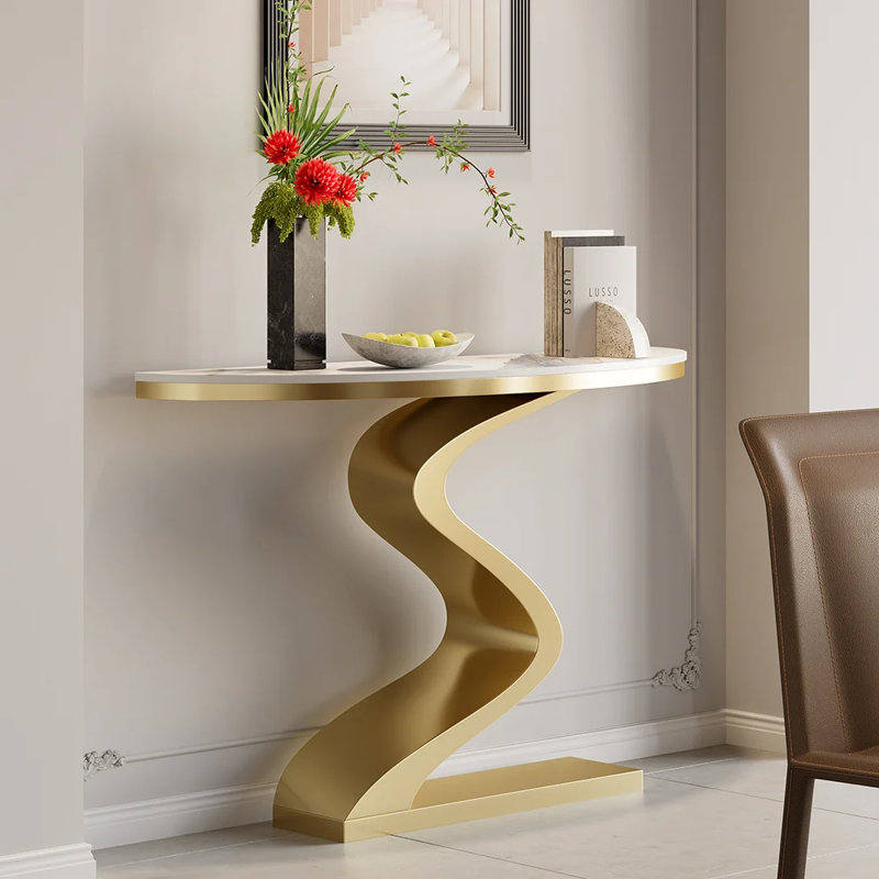 Console moderne moderne blanche et dorée de 39,4 po avec dessus en pierre frittée en forme de demi-lune, Blanc / Doré