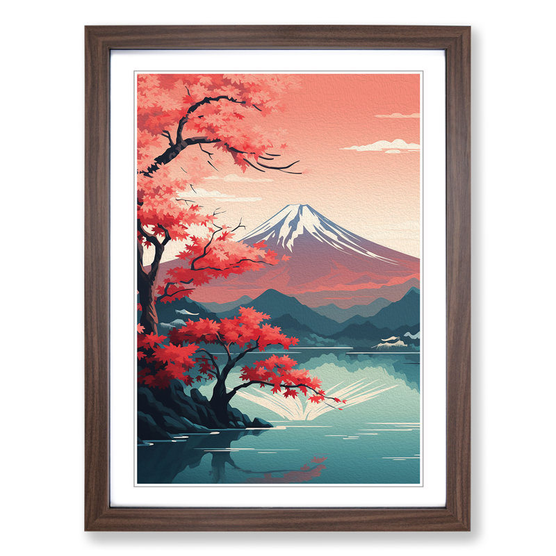 Mount Fuji Art Deco No.2 - Single Picture Frame Print on Wood, Walnut Framed, 34cm H x 25cm W x 2cm D