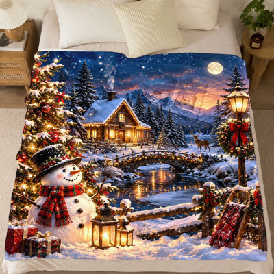Couverture polaire douillette avec motif bonhomme de neige et chalet d'hiver (1 pièce) – Imprimé éclatant, chaud, lavable à la machine, idéal pour la décoration intérieure, les moments de détente sur le canapé, idée cadeau. Convient aux draps et au canapé.