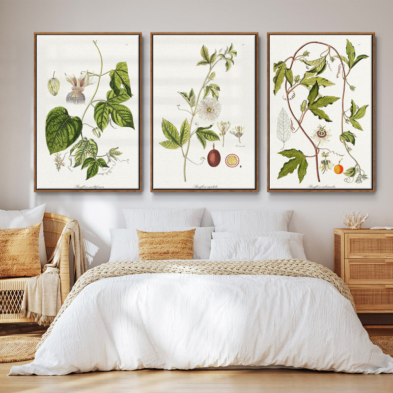 «Passion Flower Trio I», ensemble de 3 toiles encadrées, H 40 po x l 78 po, Noyer