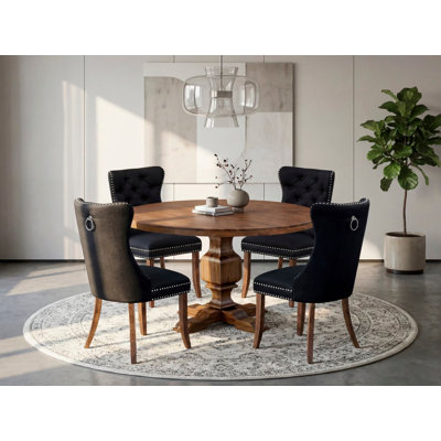 5-Piece Dining Table Set with Polyester Fabric 4 Black Parson chairs, Button-Tufted Backs, and a 54"Round Dinner Table in Antique Walnut Finish.