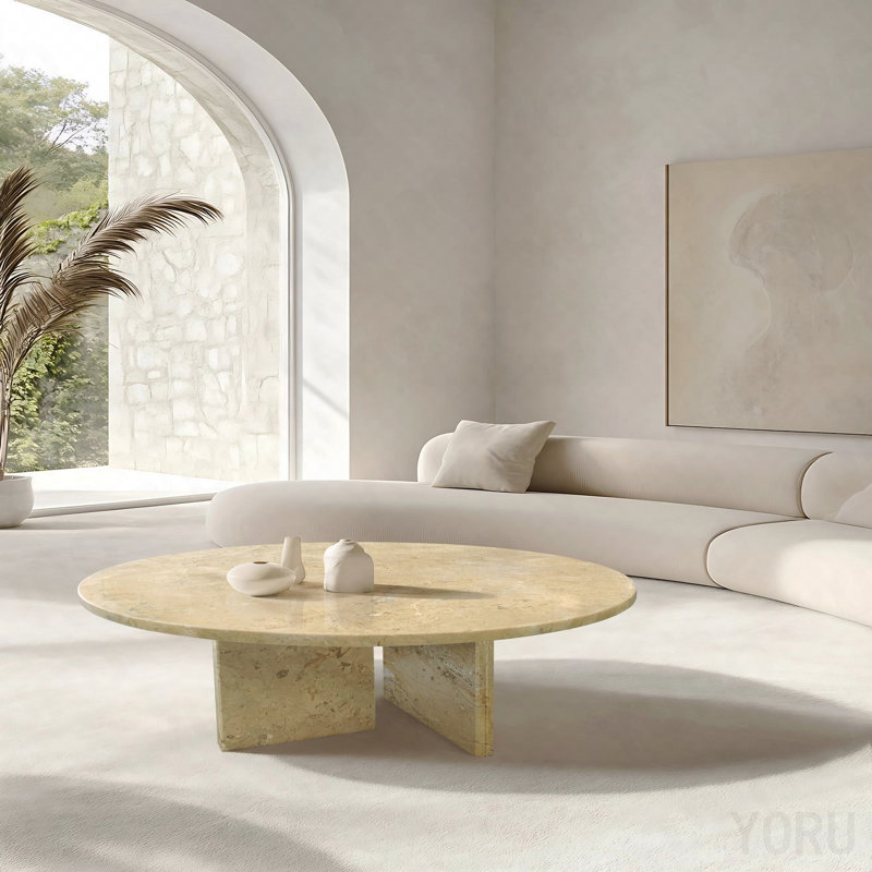 Table basse en marbre naturel beige doré jaune - 27,6 po de diamètre x 12,6 po de hauteur