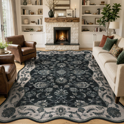 Scalloped Vintage Floral Washable Area Rug with Non-Slip Backing Charcoal Black