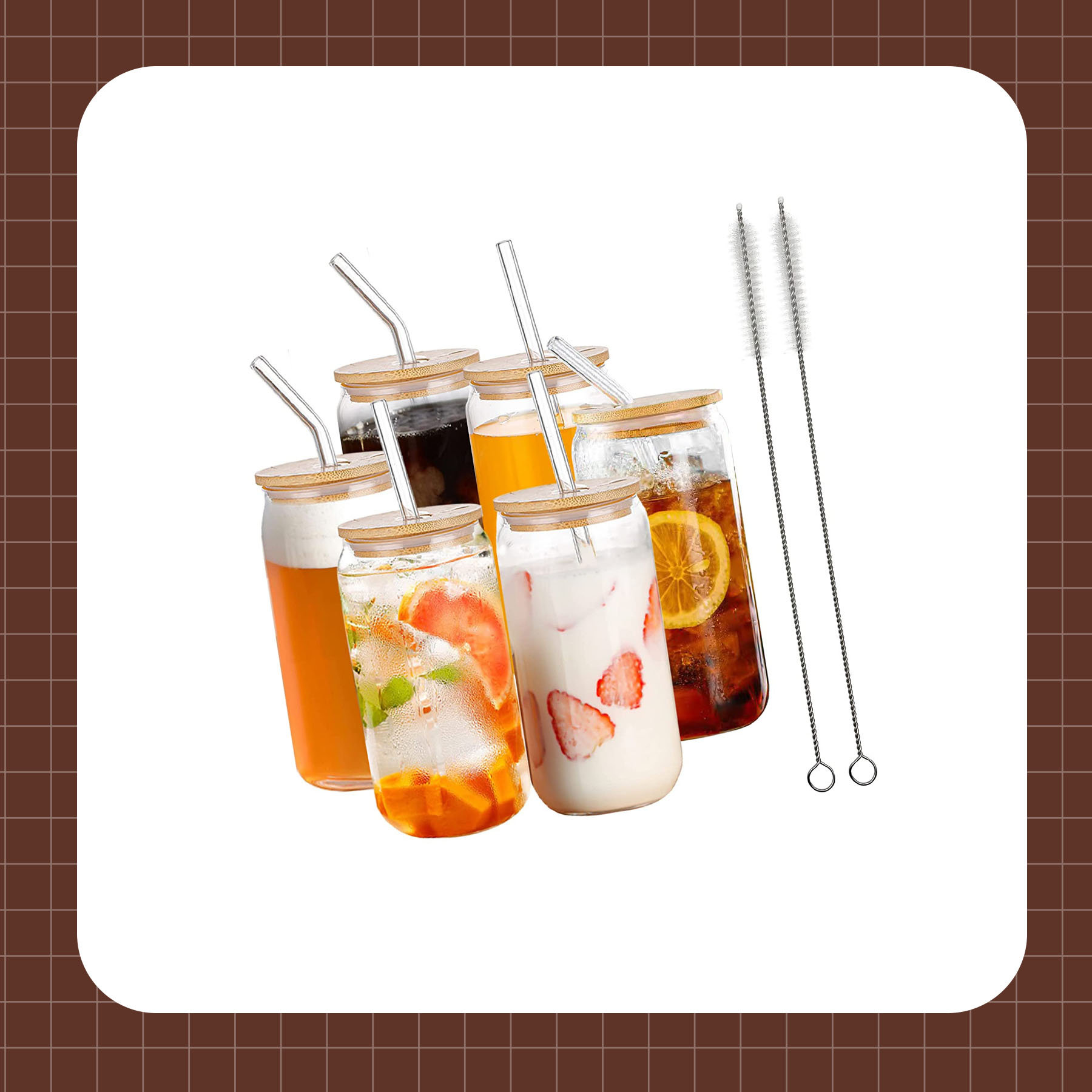 16oz Beer Can Glass with Bamboo Lids and Glass Straws,6pcs Drinking Glasses Can Shaped Glass Cups, Beer Glasses, Glass Coffee Cups, Wine, Cocktail