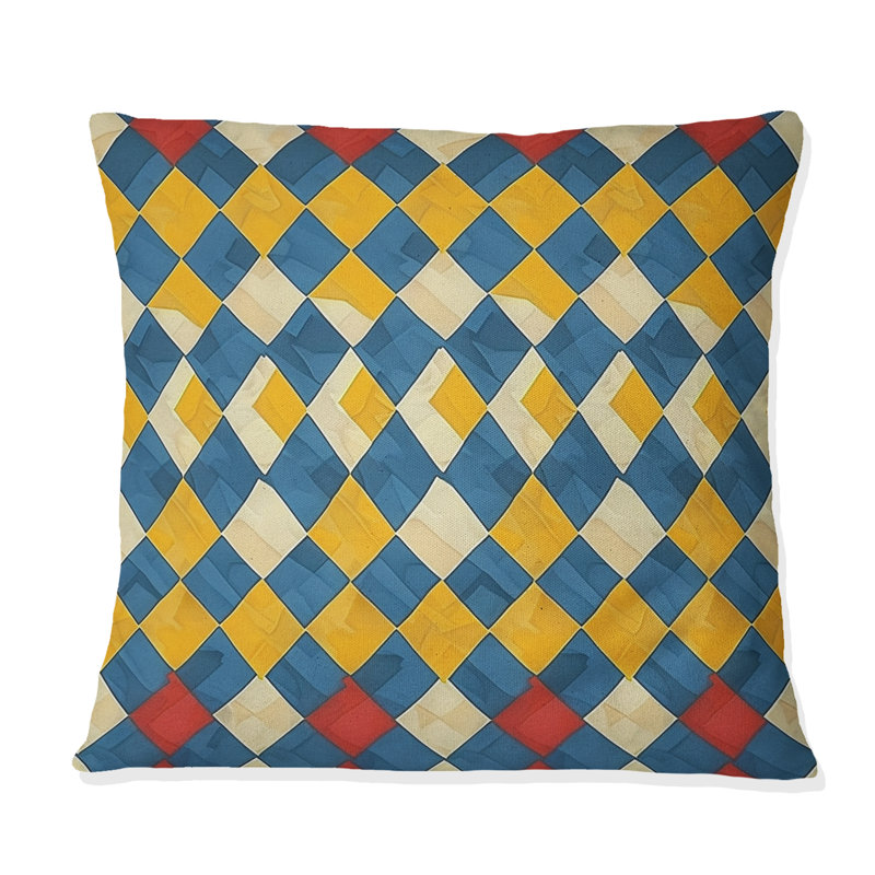 Coussin moderne bleu et jaune Houndstooth III, H 16 po x l 16 po