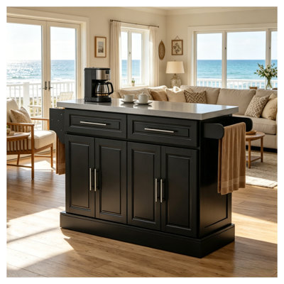 Charcoal Black Kitchen Island Cart with Stainless Steel Top - Portable MDF Prep Table on Wheels