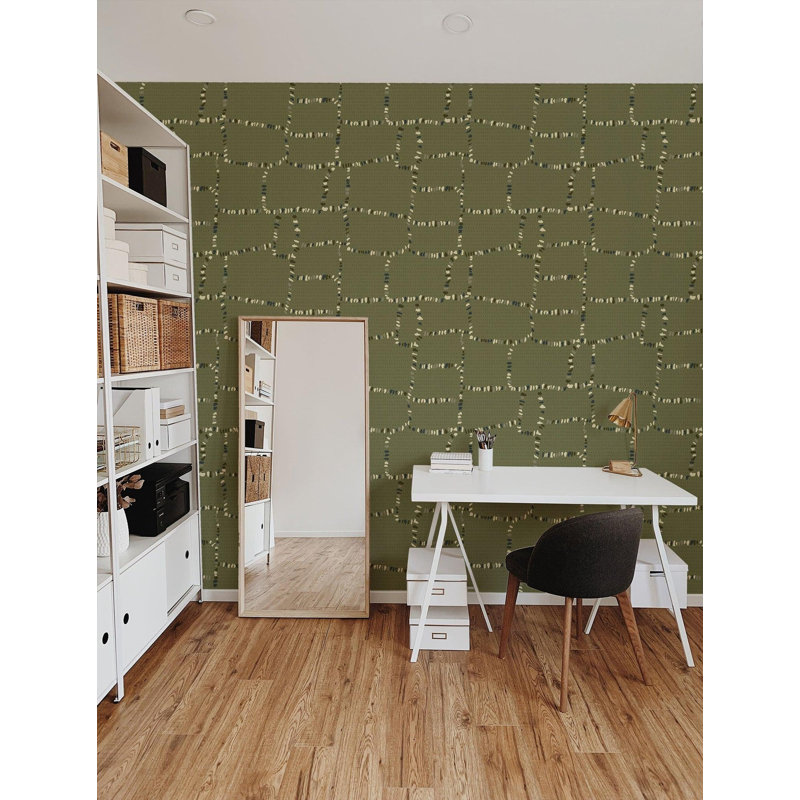 Tulum Ruins Wallpaper, Olive, Faux Grasscloth, Non-Pasted