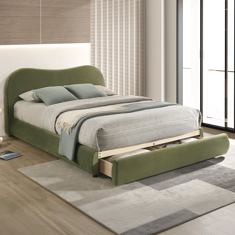 Grand lit tapissier en velours olive, tête de lit courbée, rangement, structure en bois massif de style contemporain, décor de chambre transitionnel