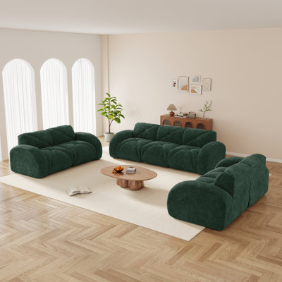 3-Piece Sculptural Cloud Living Room Set, Rounded Deep Seat Velvet Sofa Set, 3+2+2 Seater, Forest Green