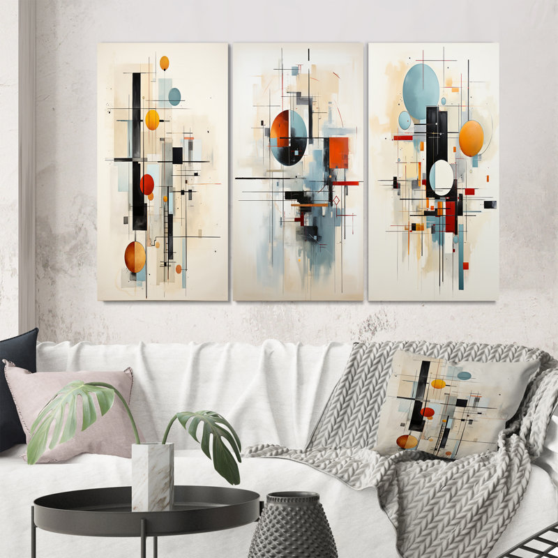 «Beige Blue Suprematism Geometric Explorations II», 3 pièces, H 32 po x l 48 po, Encadrement doré