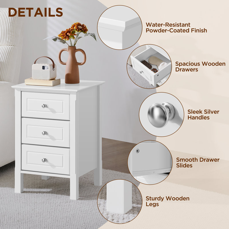 Modern 3 Drawer Bedside Table Nightstand, White, 1pcs