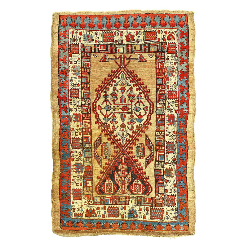 Tapis oriental rouge en coton / bleu / brun 3 pi 3 po x 5 pi Kutina