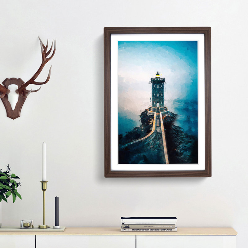 Lighthouse in Le Conquet France in Abstract - Picture Frame Graphic Art Print, 87cm H x 62cm W x 2cm D, Walnut Framed