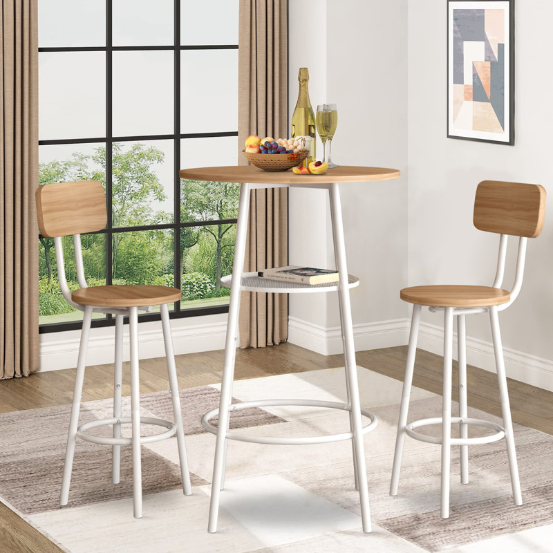 Varville 3-Piece Bar Table Set for 2, Small 2-Tier Round Bistro Pub Dining Table Set with Backrest, Oak, White, Oak