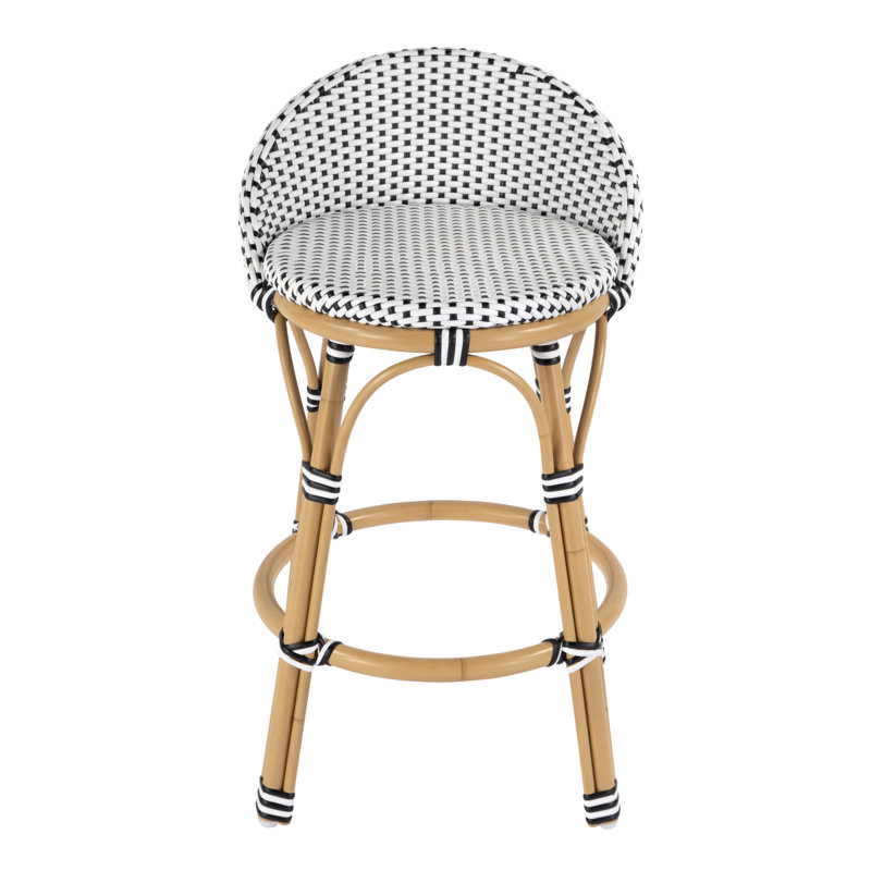 Tobias Outdoor Rattan and Metal Low Back Counter stool, Black/White