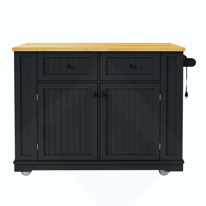 Kitchen Island With Drop Leaf,Power Outlet,Internal Storage Rack,Rolling Kitchen Storage Cart On 5 Wheels With 5 Open Side Racks,For Kitchen,Dining Room(Not Include Stools)