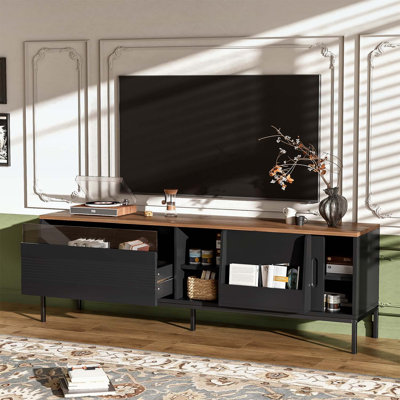 Meuble télé 70 po pour téléviseur de 75 po ou moins, meuble audio-vidéo avec rangement spacieux, portes coulissantes et tablettes réglables, meuble télé Mid-Century moderne