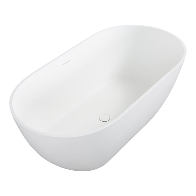 Baignoire autoportante à surface solide, baignoire de trempage autoportante en résine d'ingénierie de luxe avec trop-plein et bonde escamotable pour salle de bain contemporaine, blanc mat 23S03-63MW