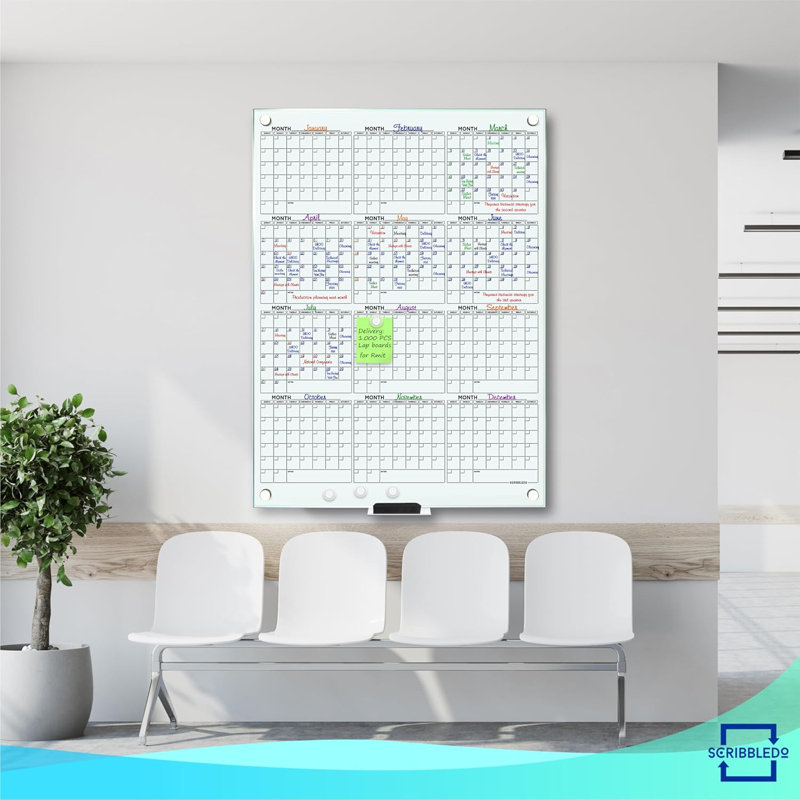 Magnetic 34"x46" Glass Whiteboard Yearly Calendar Planner White Board Calendar