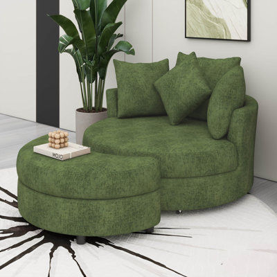 Fauteuil demi-tonneau pivotant à 360 ° avec repose-pieds de rangement et 4 coussins, fauteuil de loisirs moderne en chenille
