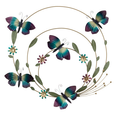 28" Garden Vibe Metal and Glass Floral Butterfly Wall Décor with Painted Wing Accents - Circle of Life