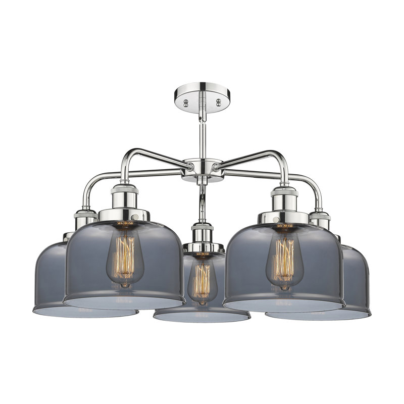Lustre en verre à 5 lumières Bell, Plaqué couleur fumée, Chrome poli
